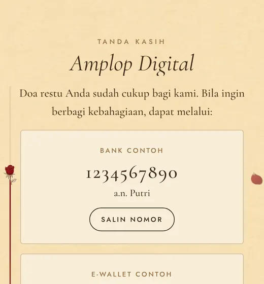 Amplop digital dengan nomor rekening dan tombol salin