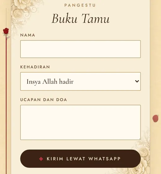 Formulir buku tamu dengan tombol kirim lewat WhatsApp
